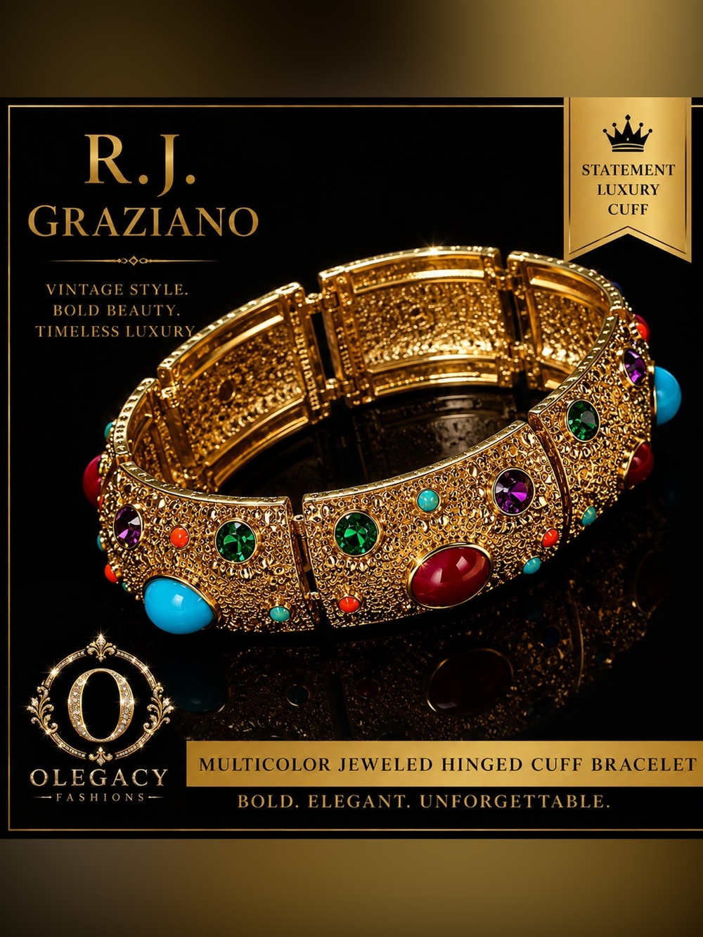 R.J. Graziano Multicolor Jeweled Hinged Cuff Bracelet | Statement Gold Tone